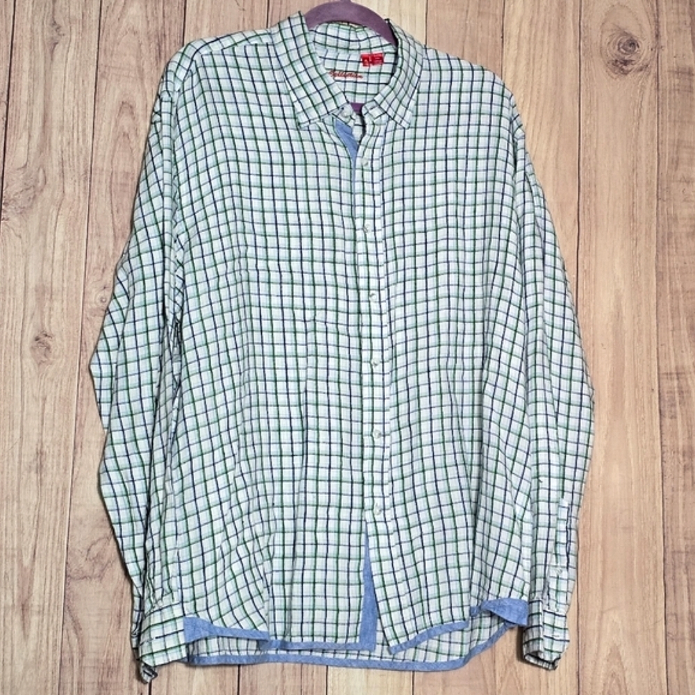 Report Collection Mens Plaid Stripe Button Down LS 100% Linen Shirt  XL NWT